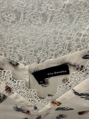 The Kooples Cream Feather-Print Lace-Trim Top